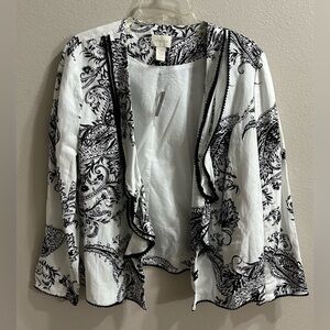 Chicos Linen Blend Jacket Large Petite 2P Neutral Paisley Open Front Ruffle NWT